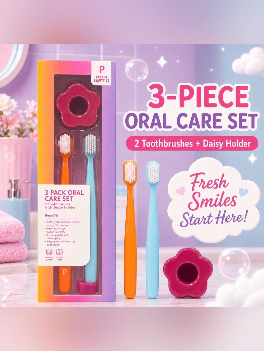 Parker Beauty Co 3-Piece Oral Care Set - Orange & Light Blue